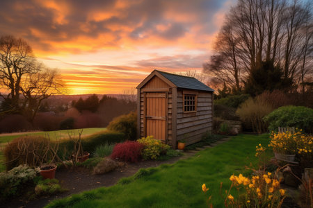 peaceful garden shed with view of the sunset and warm colors against the sky, created with generative aiの素材
