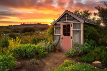 peaceful garden shed with view of the sunset and warm colors against the sky, created with generative aiの素材