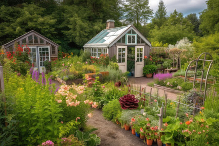 backyard with greenhouse and garden shed, surrounded by colorful flowers, created with generative aiの素材
