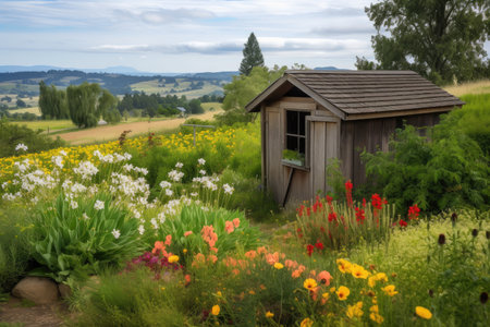 a garden shed with a view of rolling hills and colorful wildflowers, created with generative aiの素材