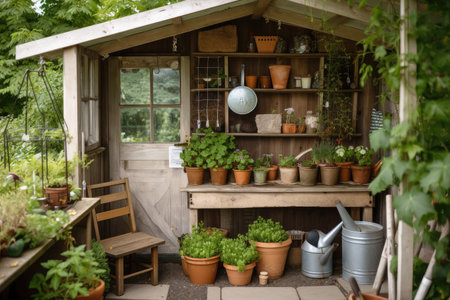 garden shed with collection of potted plants and herbs for cooking, created with generative aiの素材