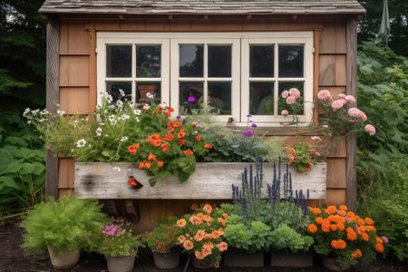 garden shed with window box full of colorful flowers, created with generative aiの素材