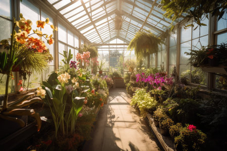sunny greenhouse, filled with blooming orchids and other tropical plants, created with generative aiの素材