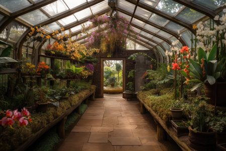 sunny greenhouse, filled with blooming orchids and other tropical plants, created with generative aiの素材