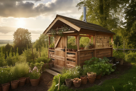 a handcrafted wooden garden shed with a panoramic view of the surrounding landscape, created with generative aiの素材