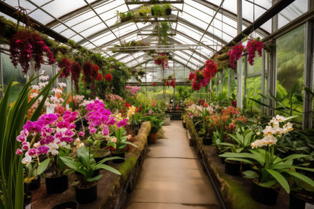 greenhouse filled with beautiful orchids and other exotic plants, created with generative aiの素材