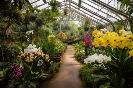 greenhouse filled with beautiful orchids and other exotic plants, created with generative aiの素材