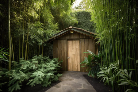 bamboo garden shed surrounded by lush greenery, created with generative aiの素材
