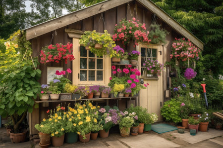 garden shed with window boxes and hanging baskets full of colorful flowers, created with generative aiの素材