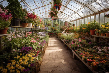 a greenhouse with a variety of plants and flowers, blooming in full color, created with generative aiの素材