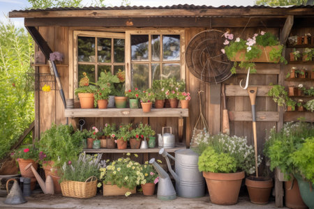 garden shed filled with potted plants and garden supplies, created with generative aiの素材