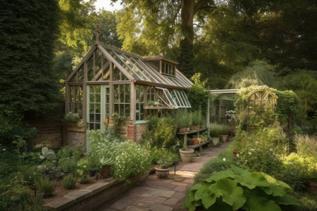 a garden shed and greenhouse surrounded by lush greenery, created with generative aiの素材