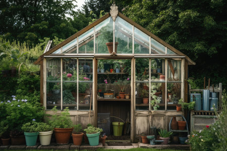 greenhouse built with recycled materials and filled with plants and flowers, created with generative aiの素材