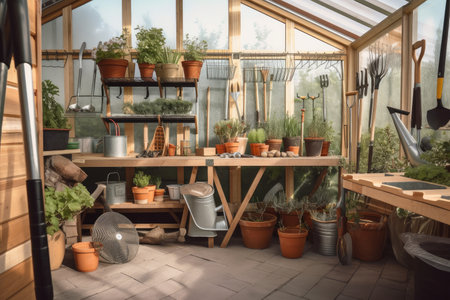 gardening supplies and tools neatly organized in contemporary greenhouse, created with generative aiの素材