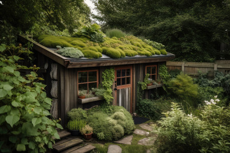 a garden shed with a green roof, surrounded by lush greenery, created with generative aiの素材
