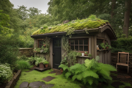 a garden shed with a green roof, surrounded by lush greenery, created with generative aiの素材