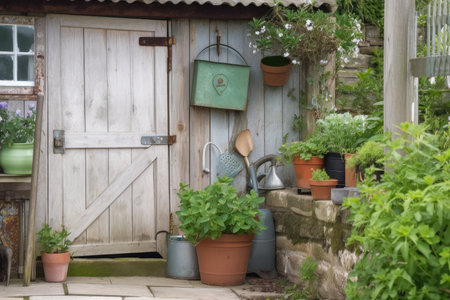 close-up of garden shed door with plant pots and watering can visible, created with generative aiの素材