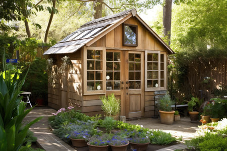 a garden shed with a built-in greenhouse for year-round plant care, created with generative aiの素材