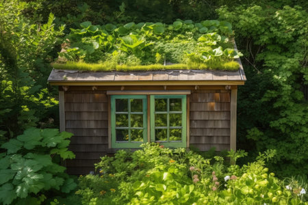 wooden garden shed with green roof and windows surrounded by lush greenery, created with generative aiの素材