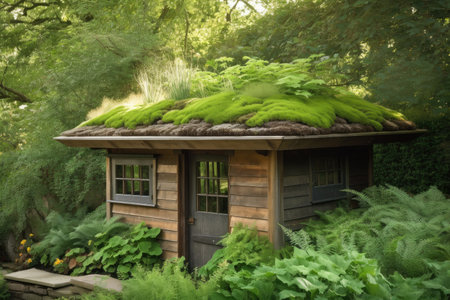 wooden garden shed with green roof and windows surrounded by lush greenery, created with generative aiの素材