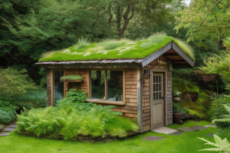 wooden garden shed with green roof and windows surrounded by lush greenery, created with generative aiの素材