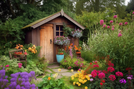wooden garden shed surrounded by lush greenery and colorful flowers, created with generative aiの素材