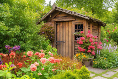wooden garden shed surrounded by lush greenery and colorful flowers, created with generative aiの素材