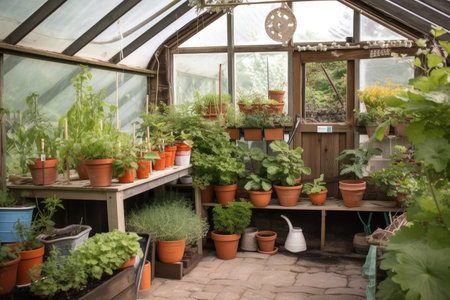potted plants and herbs growing in a garden shed greenhouse, created with generative aiの素材