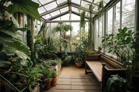 a greenhouse filled with lush greenery, making it the perfect place to escape and relax, created with generative aiの素材