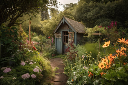 peaceful garden shed with view of lush greenery, surrounded by blooming flowers and buzzing bees, created with generative aiの素材