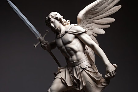 good angel, with his sword and shield, fighting against evil demon, created with generative aiの素材