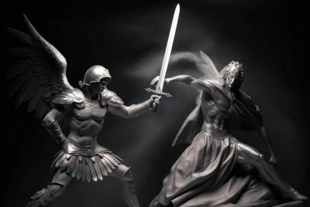 good angel, with his sword and shield, fighting against evil demon, created with generative aiの素材