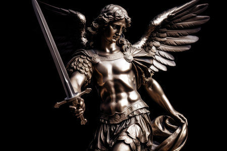 good angel, with his sword and shield, fighting against evil demon, created with generative aiの素材