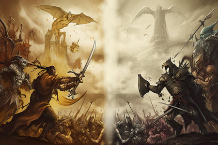 good and evil characters battling each other in epic fantasy setting, created with generative aiの素材