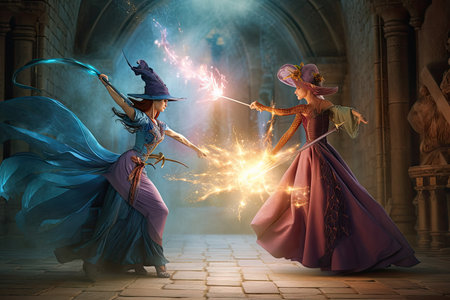 good witch, with her magic and knowledge, fights evil sorceress in magical duel, created with generative aiの素材