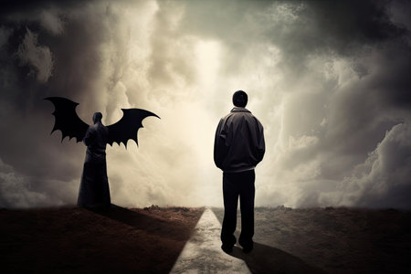 person, making difficult decision between good and evil, with their future unknown, created with generative aiの素材