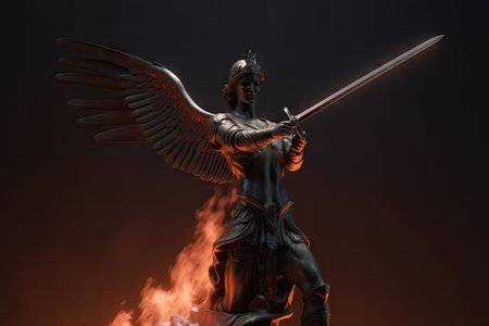 good angel, with burning sword of justice, battles against evil demon, created with generative aiの素材