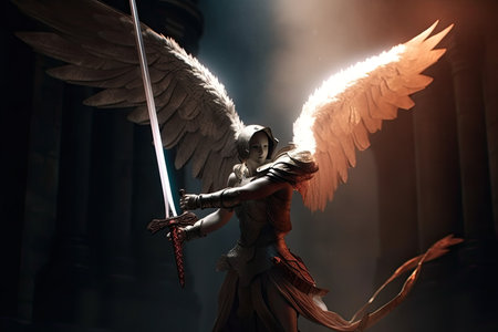 good angel, with burning sword of justice, battles against evil demon, created with generative aiの素材
