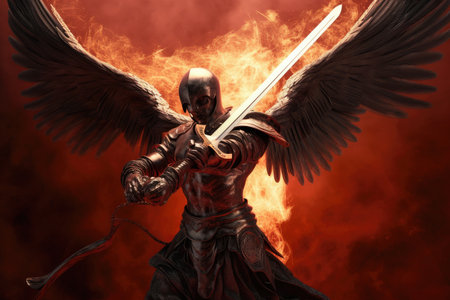 good angel, with burning sword of justice, battles against evil demon, created with generative aiの素材