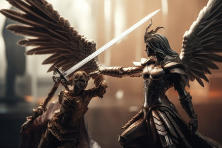 good angel, with outstretched hand and sword, fights against evil demon, created with generative aiの素材
