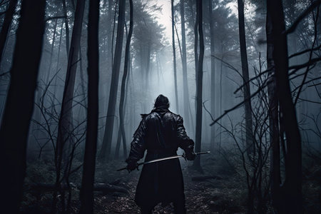 person, surrounded by dark and dangerous forest, fighting off evil forces, created with generative aiの素材