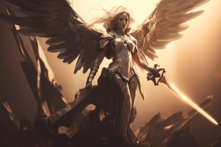 good angel, with her sword and shield, battling evil demon in epic battle, created with generative aiの素材