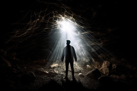 person, surrounded by dark and mysterious forces, with light shining through, created with generative aiの素材