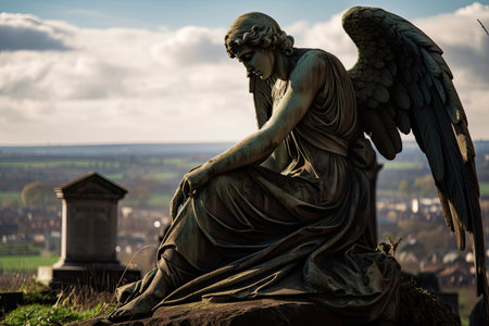 angel, with view of battlefield, looking over the dead and dying, created with generative aiの素材