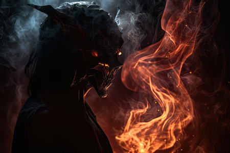 a demon, surrounded by smoke and flames, tempting a person to choose the dark side, created with generative aiの素材