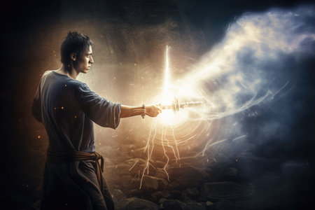 person, fighting back against evil, with powerful magic at their disposal, created with generative aiの素材