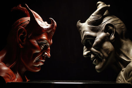 debate between two sides, with one arguing that good is stronger than evil and the other saying that evil can conquer, created with generative aiの素材