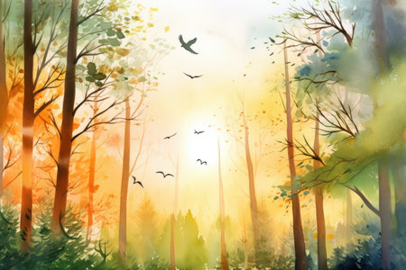 peaceful forest watercolor with birds flying in the sky and sunlight filtering through the trees, created with generative aiの素材