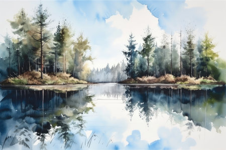 forest lake with reflection of the trees and sky, painted in watercolor, created with generative aiの素材