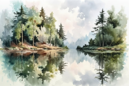 forest lake with reflection of the trees and sky, painted in watercolor, created with generative aiの素材